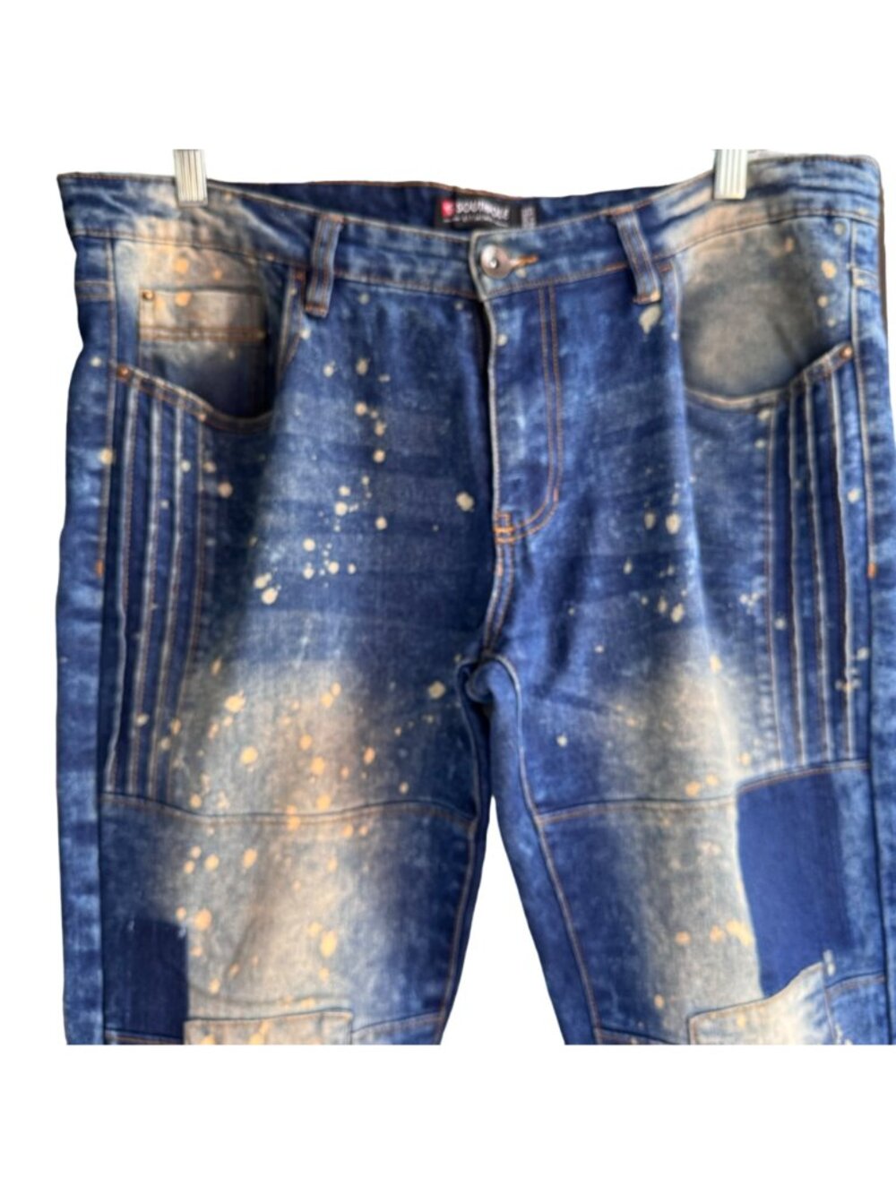 Southpole Mens Skinny Fit Blue Splatter Patchwork Jeans 36x32 Hip Hop Streetwear - Picture 9 of 13